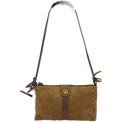 BORBONESE Vintage Suede Leather Quail Print Crossbody Shoulder Bag Beige/Brown
