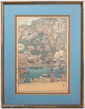 Vintage Hiroshi Yoshida Woodblock Arashiyama Cherry Blossoms Landscape 21x17"