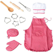 Ensemble Cuisine Enfant 11 Pièces Rose - Chef Jouet Rôle Ustensiles Bois Tablier