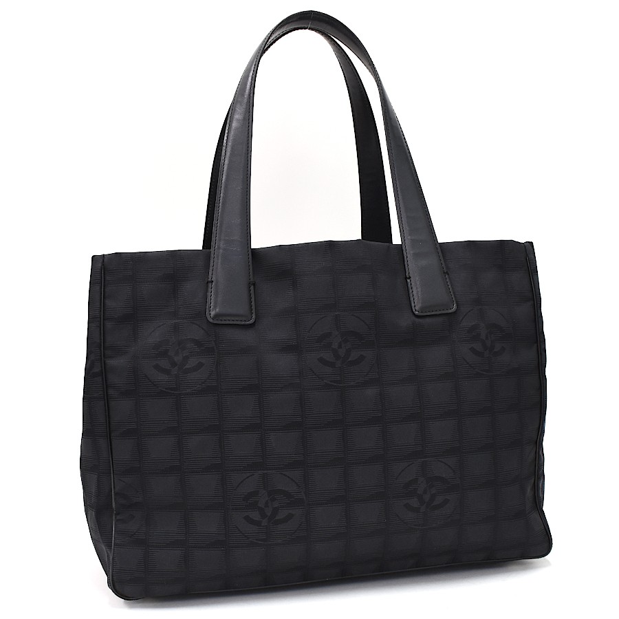 CHANEL Black Nylon Leather Tote MM Handbag Travel Line