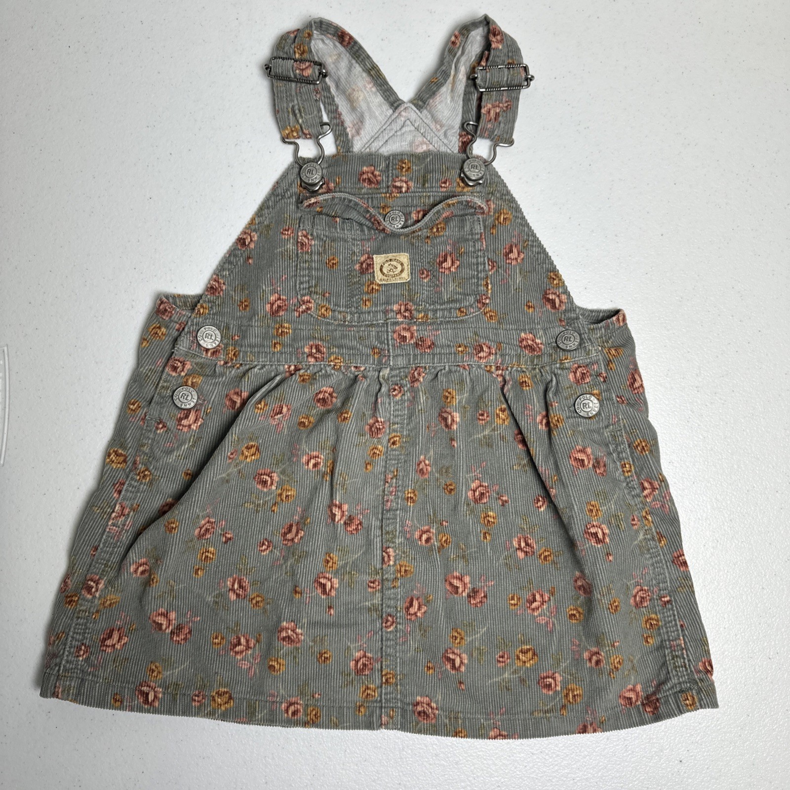 Vintage Polo Ralph Lauren Girls 2T Corduroy Overall Dress Floral Y2K Cottagecore