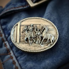 Bergamot Brass Works 1983 Western Saloon Scene Belt Buckle - Cowboy Horse Riders