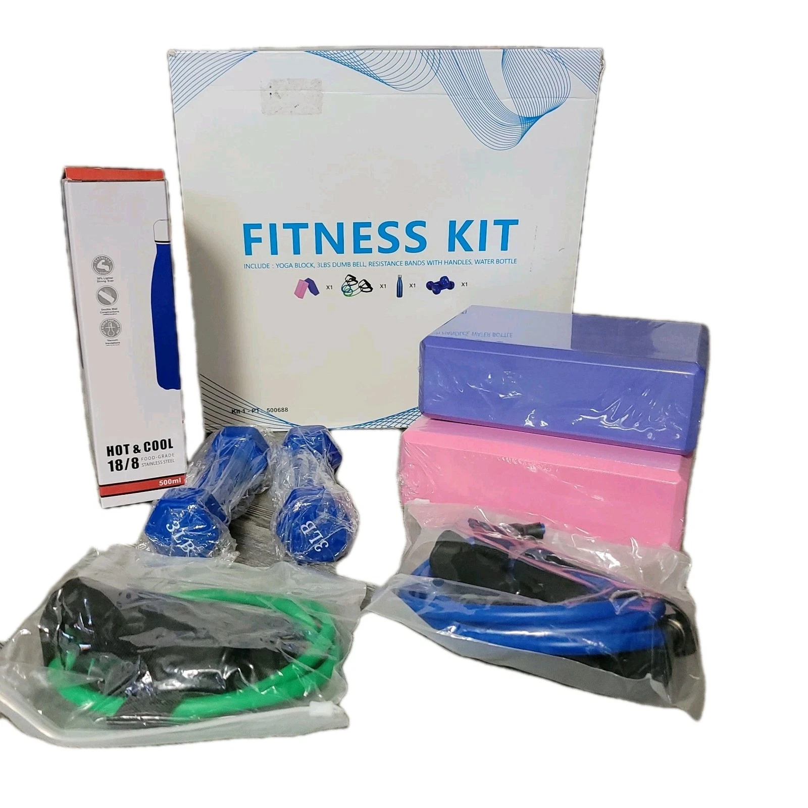 Exercise Fitness Kit, Weights, Blocks, Resistance Bands & Water Bottle
