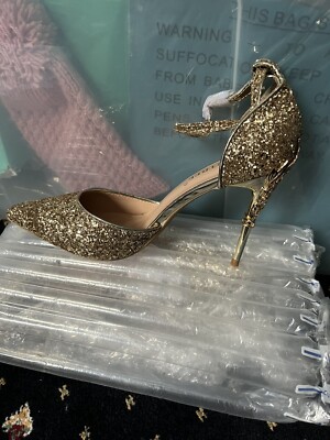 Women’s pointed toe Gold glitter high heels size wedding party shoes  boots UK