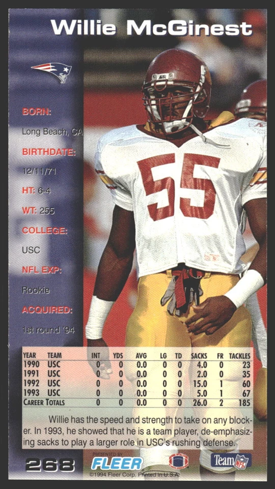 Willie McGinest #268 1994 GameDay New England PatriotsRC Rookie - Image 2 of 2
