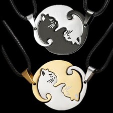 Two Piece Cat Couples Fashion Jewelry Black White Kitten Matching Necklace Gift