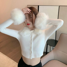 Women Faux Fur Collar Cardigan Crop Sweater Coat Long Sleeve Jacket Slim Fit