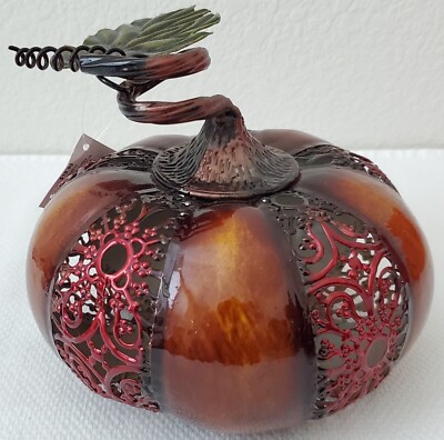 Fall Metal Pumpkin w/Spiral Stem Decor 6.5'' Diameter x 5.5'' Tall w/Tag Attached