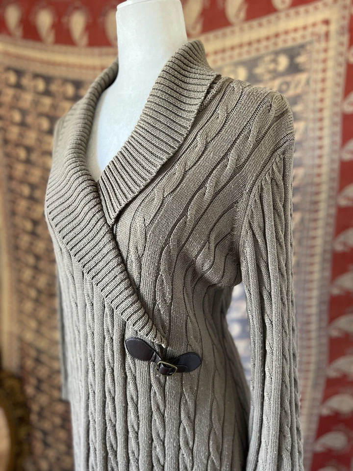 Vestido Suéter Calvin Klein Tostado Tejido con Cable Hebilla Bronceada Imitación Envoltura L Foto 3 de 4