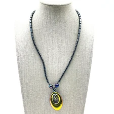 Oil Slick Pendant Necklace Iridescent Oval Hematite Chain Boho Statement