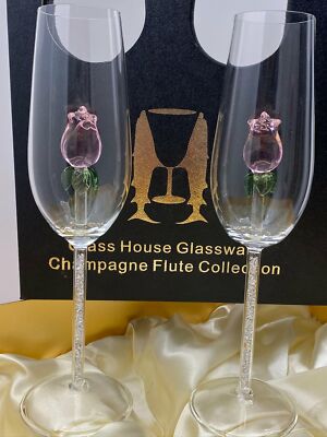 Two Rose Champagne Flutes in a Beautiful Gift Box 
