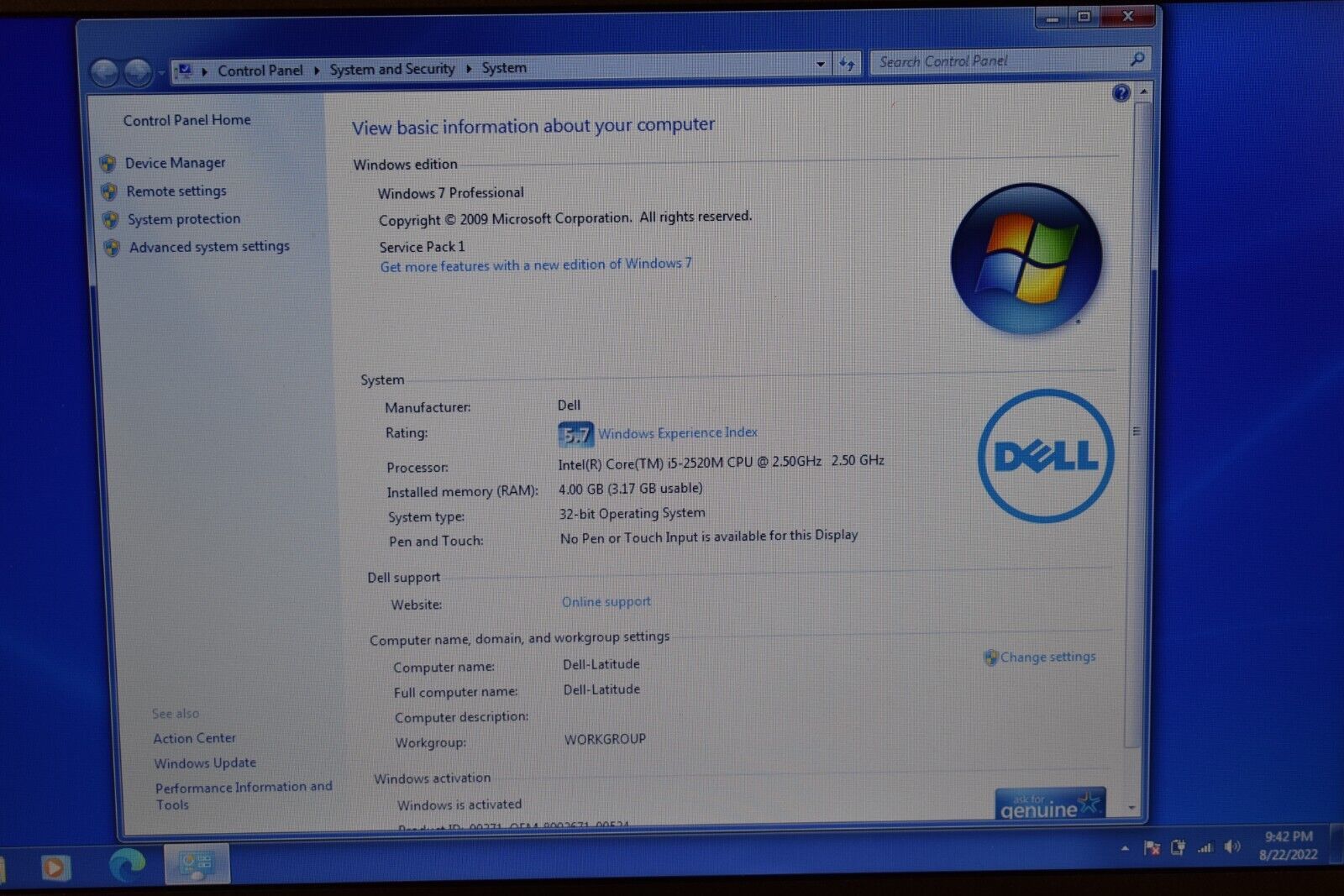 Dell Latitude E6520 Intel Core i5-2520 4GB RAM 128GB SSD Windows 7 Pro 32-bit - Picture 4 of 12