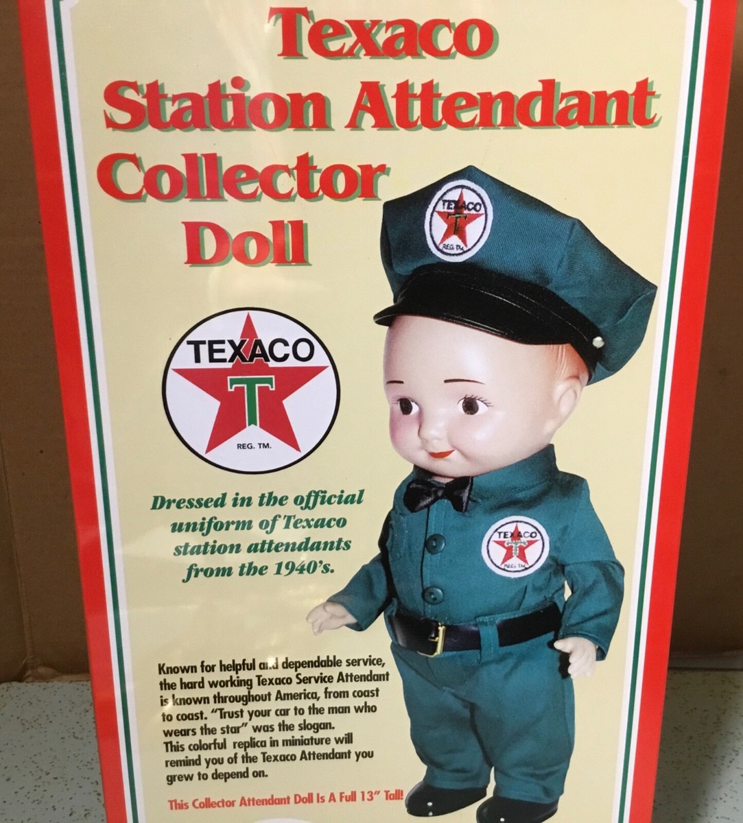 BUDDY LEE TEXACO OIL CO. STATION ATTENDANT DOLL & TIN BOX NEVER