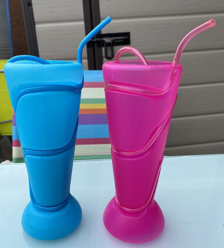 Set Of 6 Plastic Kid's Aqua Blue / Pink Drinking Tumbler Cups  With Spiral Straw