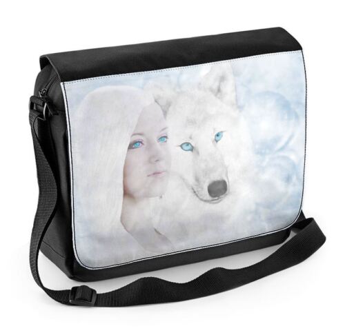 White Wolf and Woman Fantasy Art Laptop Messenger Bag - Afbeelding 1 van 1