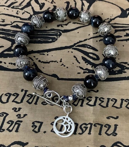 Bali Sterling Silver & Nganga Ancestral Hawks Eye Ohm Charm Mala Bracelet Voodoo