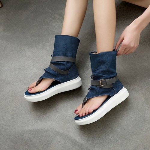 Women Flat Denim Casual Comfort High Top Sandals Clip Toe Ankle Boots Summer - Picture 14 of 15