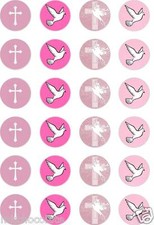 24x PRECUT PINK BAPTISM/CHRISTENING/GIRLS/CROSS/DOVE RICE PAPER CUP CAKE TOPPERS