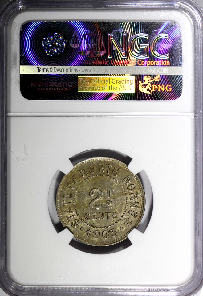 Borneo Norte Británico 1903 2-1/2 centavos NGC MS62 TONIFICADO CLARO Heaton RARO KM# 4 (59) Foto 3 de 4