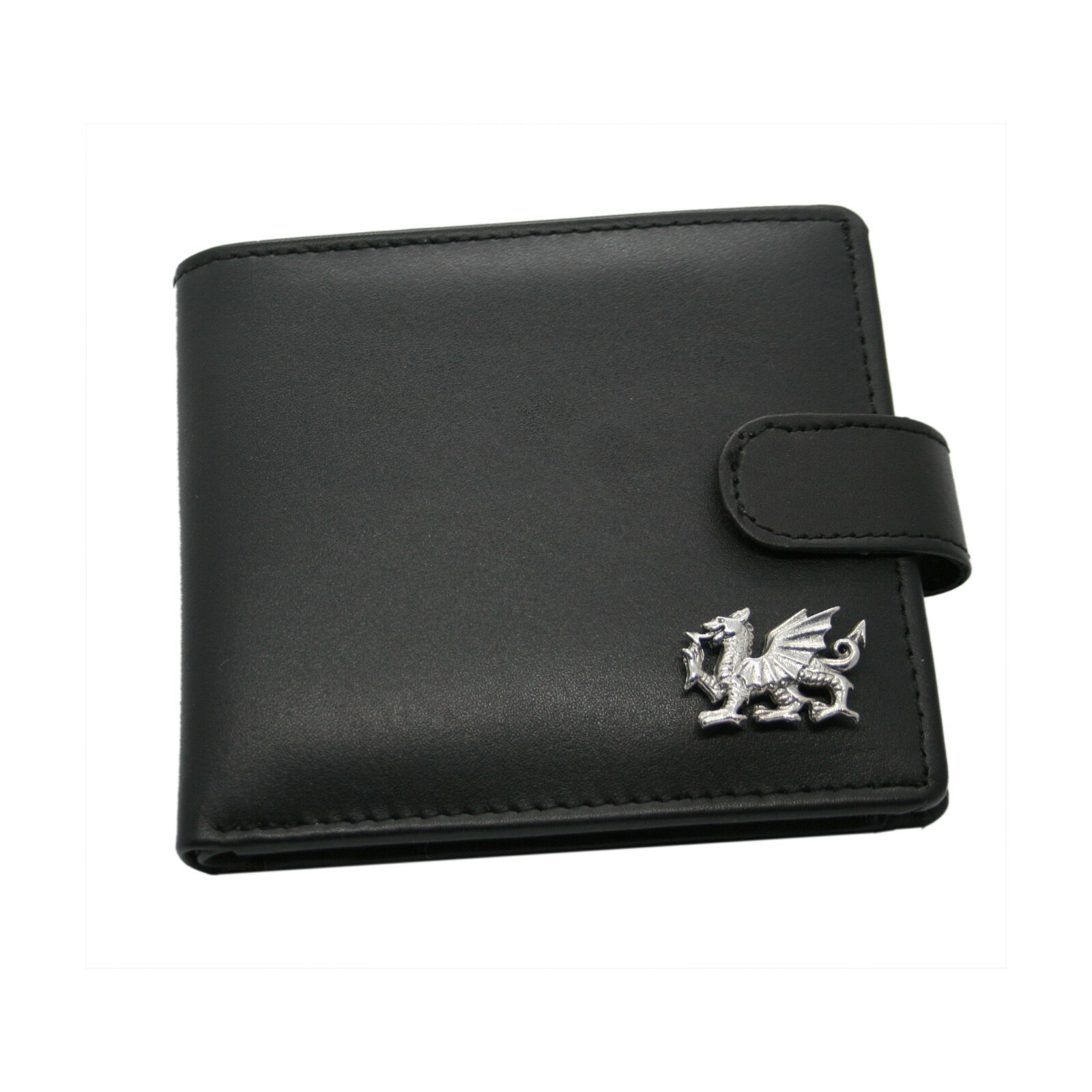 Genuine Black Leather Wallet with a Pewter Welsh Dragon Emblem