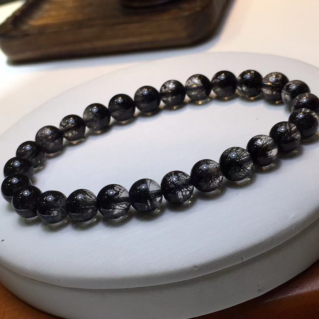 7mm Natural bar Black Hair Rutilated Crystal Round Beads