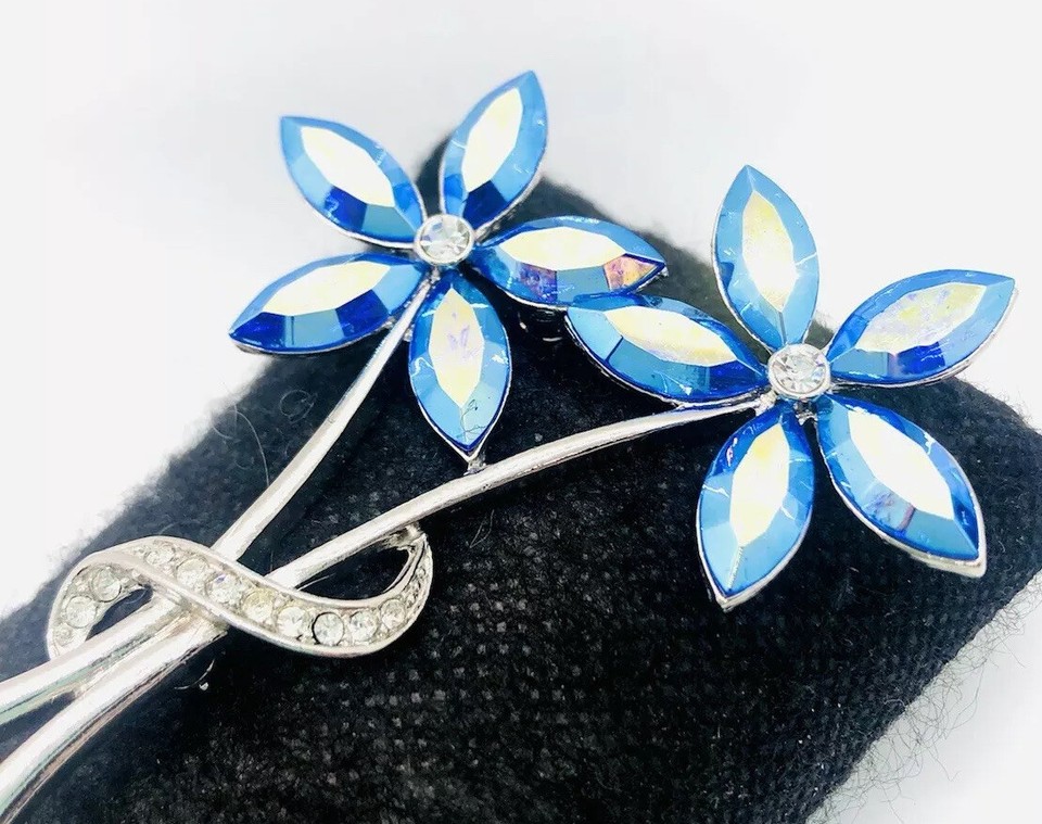 Tall Icy Blue AB Rhinestone Flower Brooch Clear Pave Stones Vintage