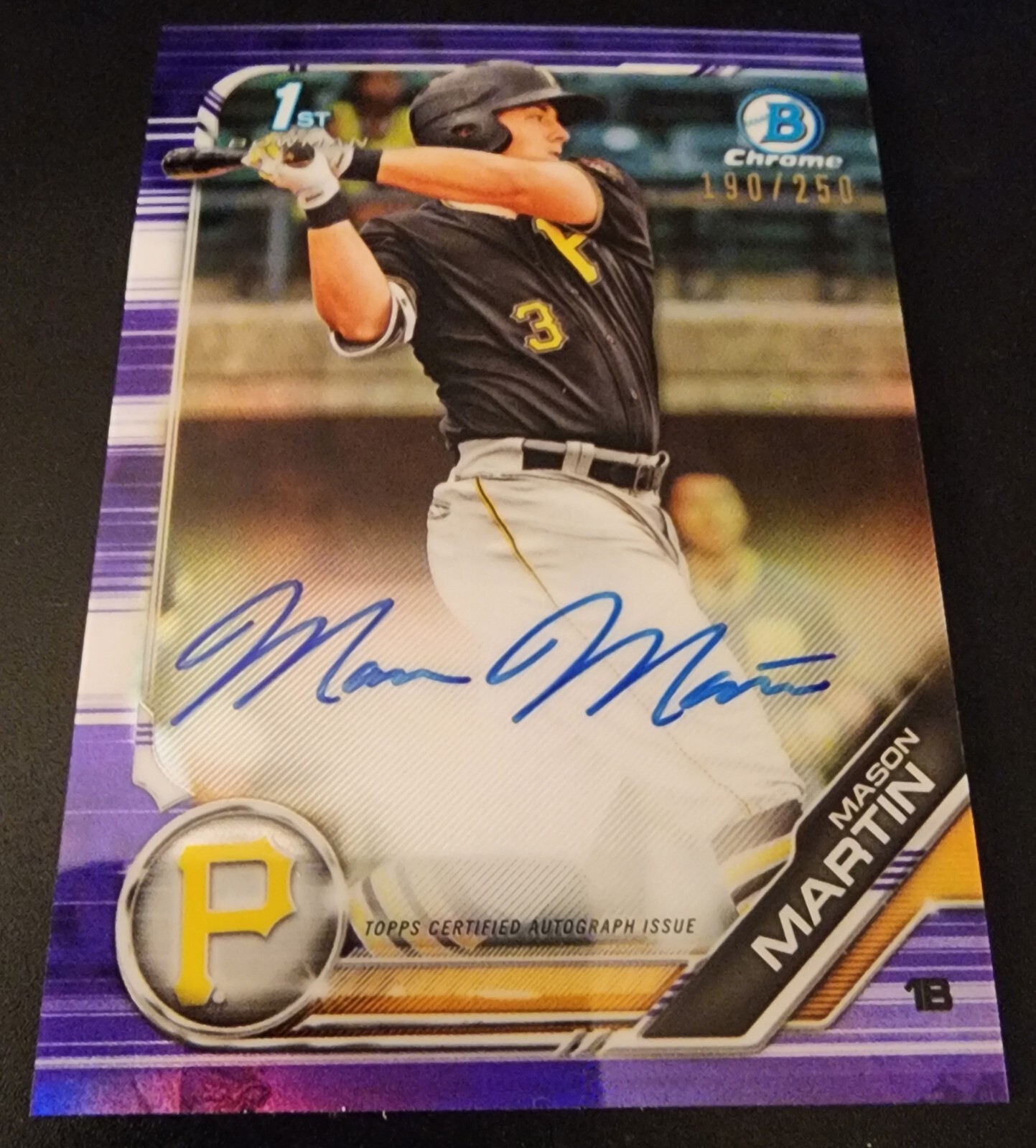 2019 BOWMAN CHROME MASON MARTIN PIRATES AUTO ROOKIE RC PURPLE REFRACTOR /250