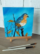Robin on Branch Original Oil Painting Blue and Orange Bird Art 8 x 8