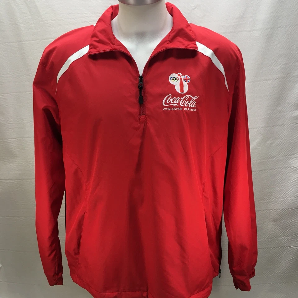 De Colección Coca-Cola Sport Tek XL Rompevientos Chaqueta Roja Juegos Olímpicos Coca-Cola Logo 1/4 Cremallera Foto 2 de 4