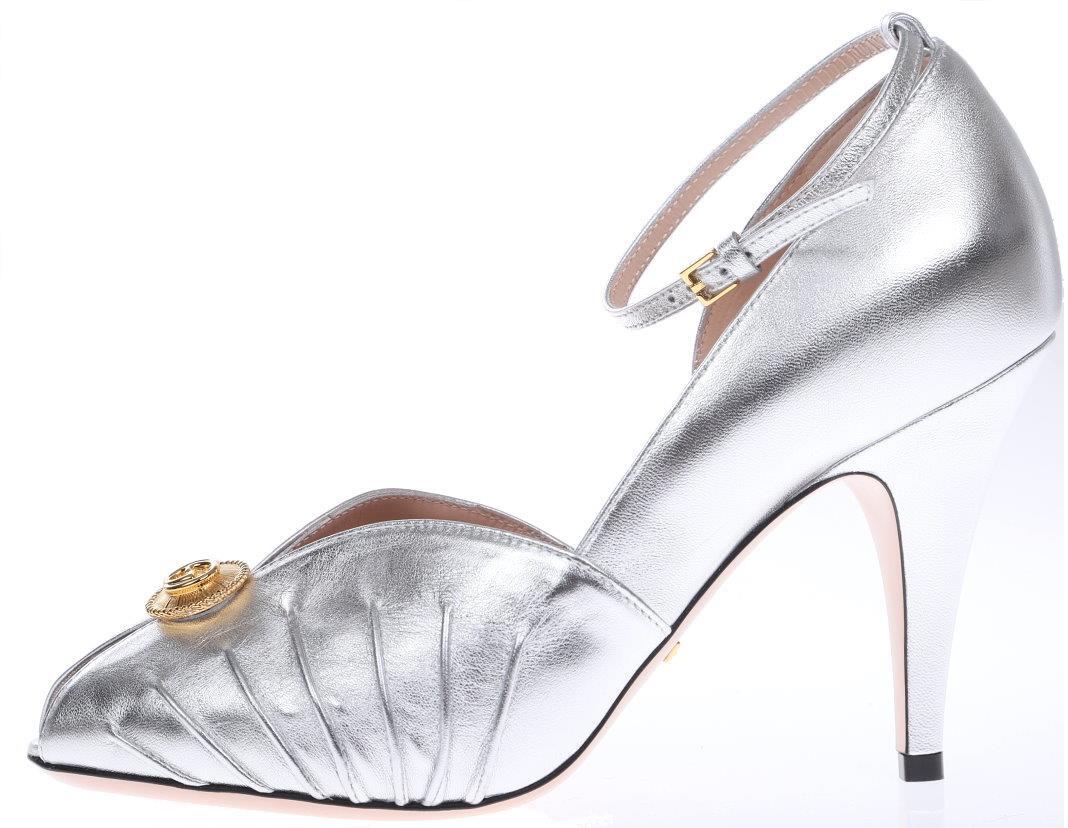 NEW GUCCI LADIES METALLIC SILVER LEATHER INTERLOCKING G LOGO