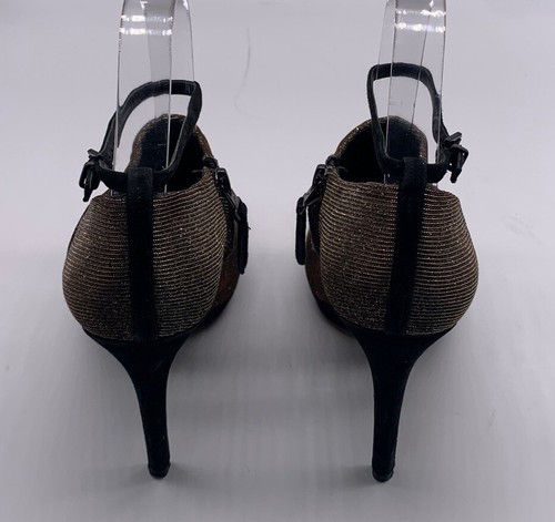 Brian Atwood gold glitter ankle strap shoe boot heel w/ black suede sz 8 - Picture 4 of 7