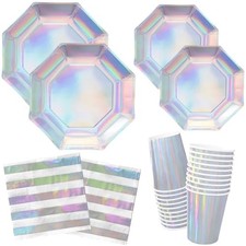 Party Supplies - Disposable Paper Plates, Cups and Napkins, Ideal 16 Iridescent