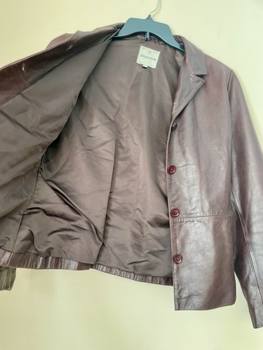 90’s CHEVIGNON COW GRAIN LEATHER BLAZER COAT TRUCKER JACKET SZ L BURGUNDY GRUNGE - Picture 11 of 24