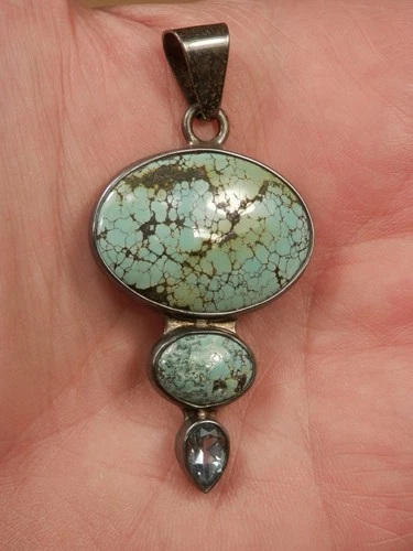 Charles Albert Fine Sterling Silver Turquoise Stone & Faceted Blue Topaz Pendant