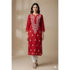 Chikankari Red Cotton Kurti  Hand Embroidered Pure Cotton Kurta for Women