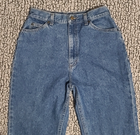 Blue high-waisted L.L.Bean mom jeans with front pockets, button closure, and belt loops, made in USA Medium Wash denim.