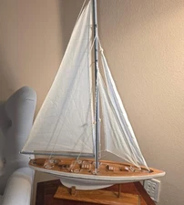 Handcrafted 19.5" Wooden Model Sailboat Yacht J-Class Nautical Decor Display