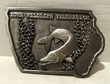 Vintage Iowa Wildlife Federation Metal Fish Belt Buckle Muskie hunt