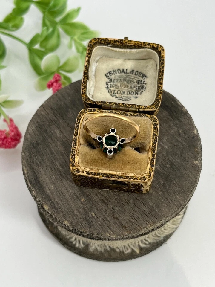 Antiguo anillo de oro amarillo de 1,8 quilates, plata victoriana esmeralda y diamantes rosas, Foto 4 de 4