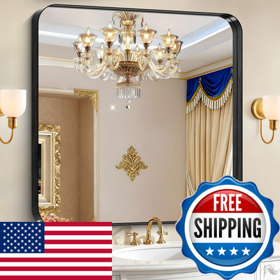 Circumi Black Bathroom Mirror 42X42 Rectangular Mirror Deep Metal Frame Rounded
