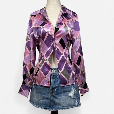 Y2K Silk Button Up Top Funky Argyle Print Retro Womens 2 Petite Party Edgy