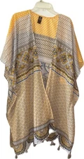 Raj Kimono One Size Yellow Tan Tassels Beach Cover Up Lightweight Flowy Boho