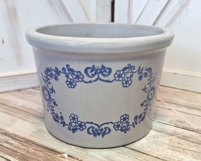Stoneware Crock Blue Floral Design Farmhouse/Cottagecore 4.5''H X 6.25''W