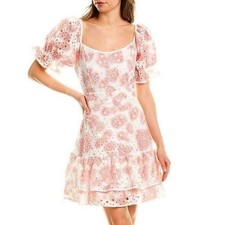 Stellah Pink White Floral Cotton Eyelet Lace Dress Puff Sleeve Tiered Mini Med