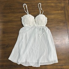 Y2K White  Baby Blue Lace Babydoll Slip Dress Coquette Sheer Nightgown Small