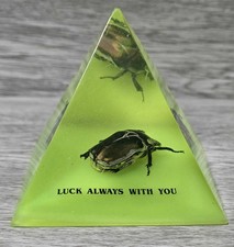 Decorative Pyramid-Shaped Figurine Green Resin With A Real Beetle Embedded In It