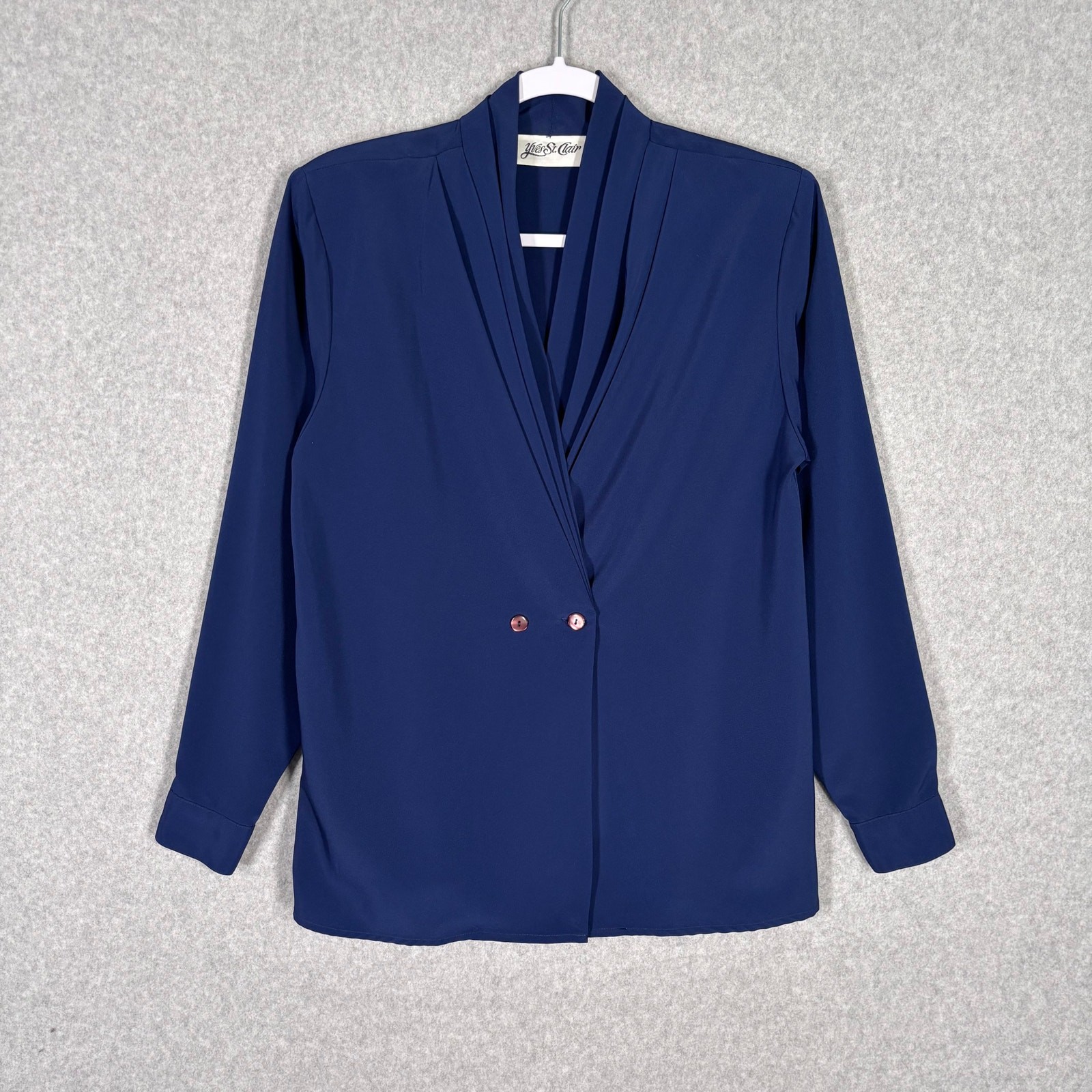 SAINT LAURENT Top Yves St Clair vintage anni 90 piccolo blu navy avvolgente drappeggio glam tuta tranquilla carriera chiesa