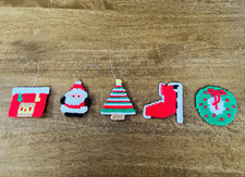 Vintage Handmade Yarn Needlepoint Christmas Ornaments Set of 5 Santa Sleigh Tree