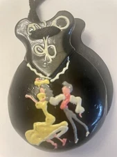 Black Wooden  Castanet Hand Painted   with Flamenco Dancers Vintage