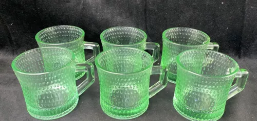 6 Vintage Anchor Hocking Green Glass Mugs Dimpled Serveware